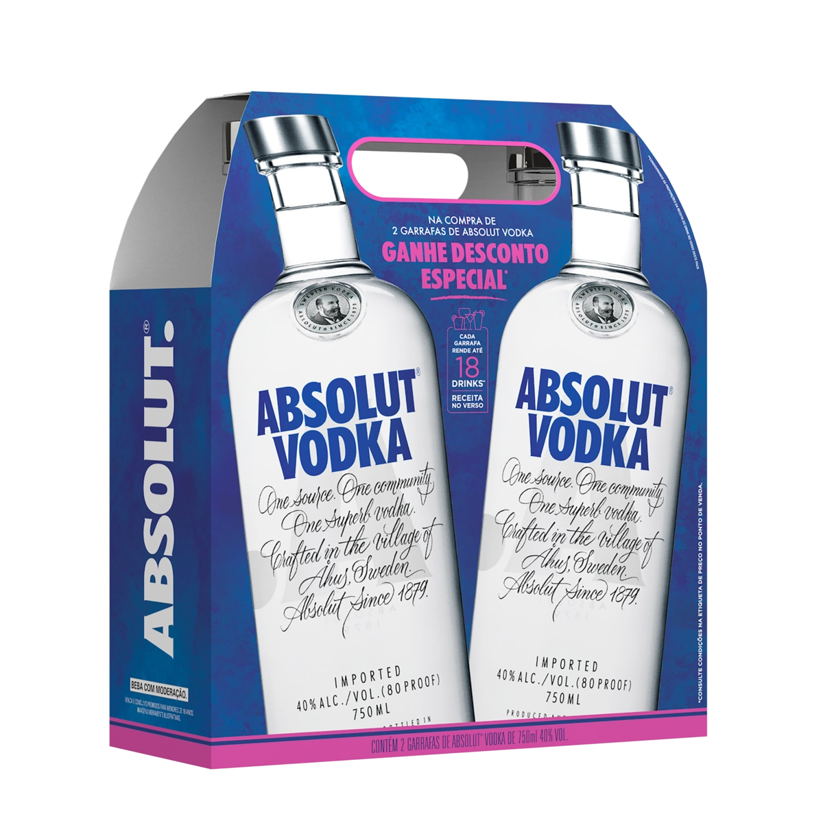 Pack Vodka Destilada Absolut Garrafa 2 Unidades 750ml Cada