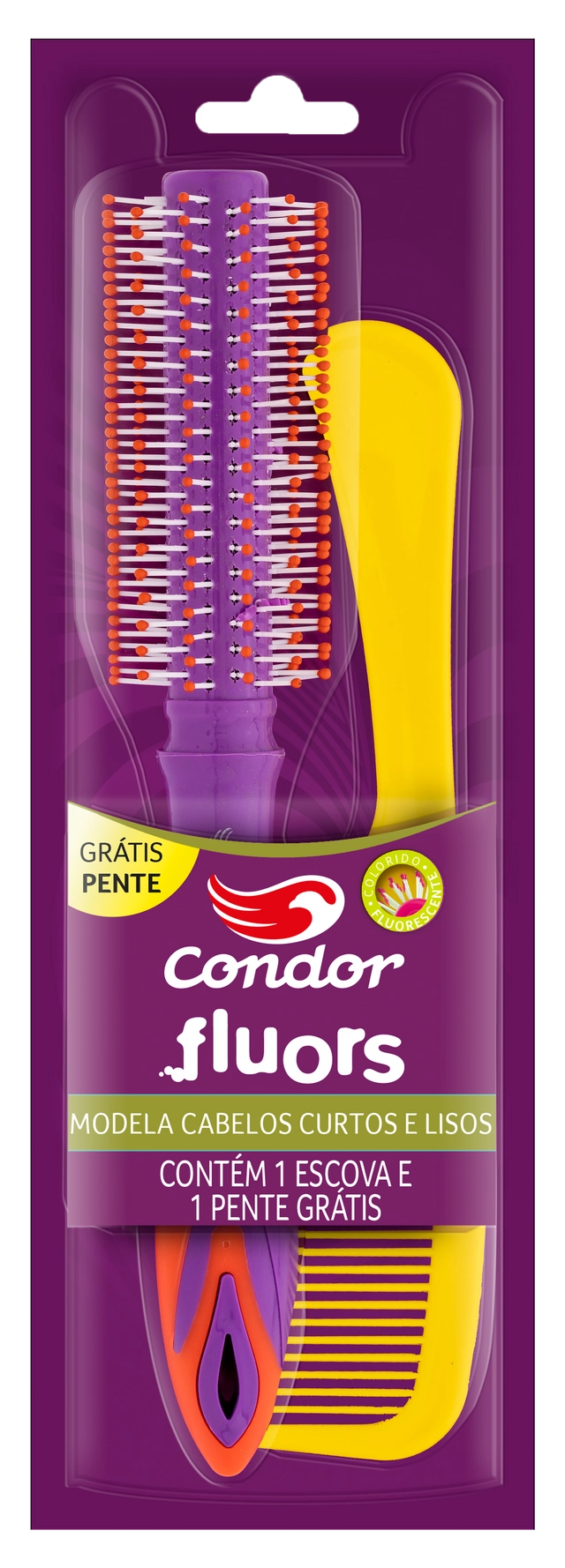 Kit Escova para Cabelo Curto e Liso Fluors Condor Grátis Pente