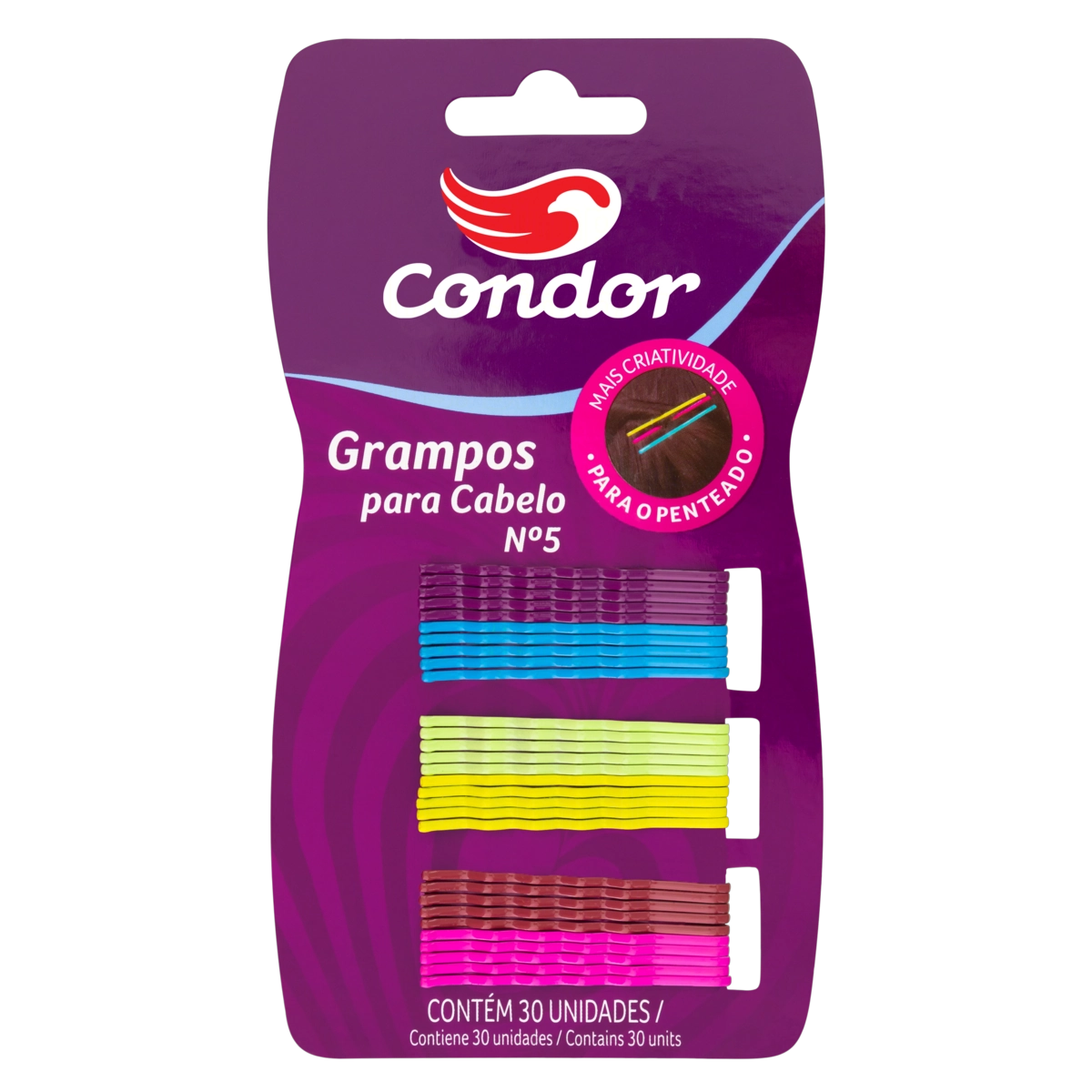 Grampo para Cabelo Condor nº 5 30 Unidades Ref. 8536 - Cores Sortidas