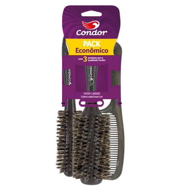 Kit 2 Escovas 1 Pente Para Cabelo Condor Eco Pack Econômico