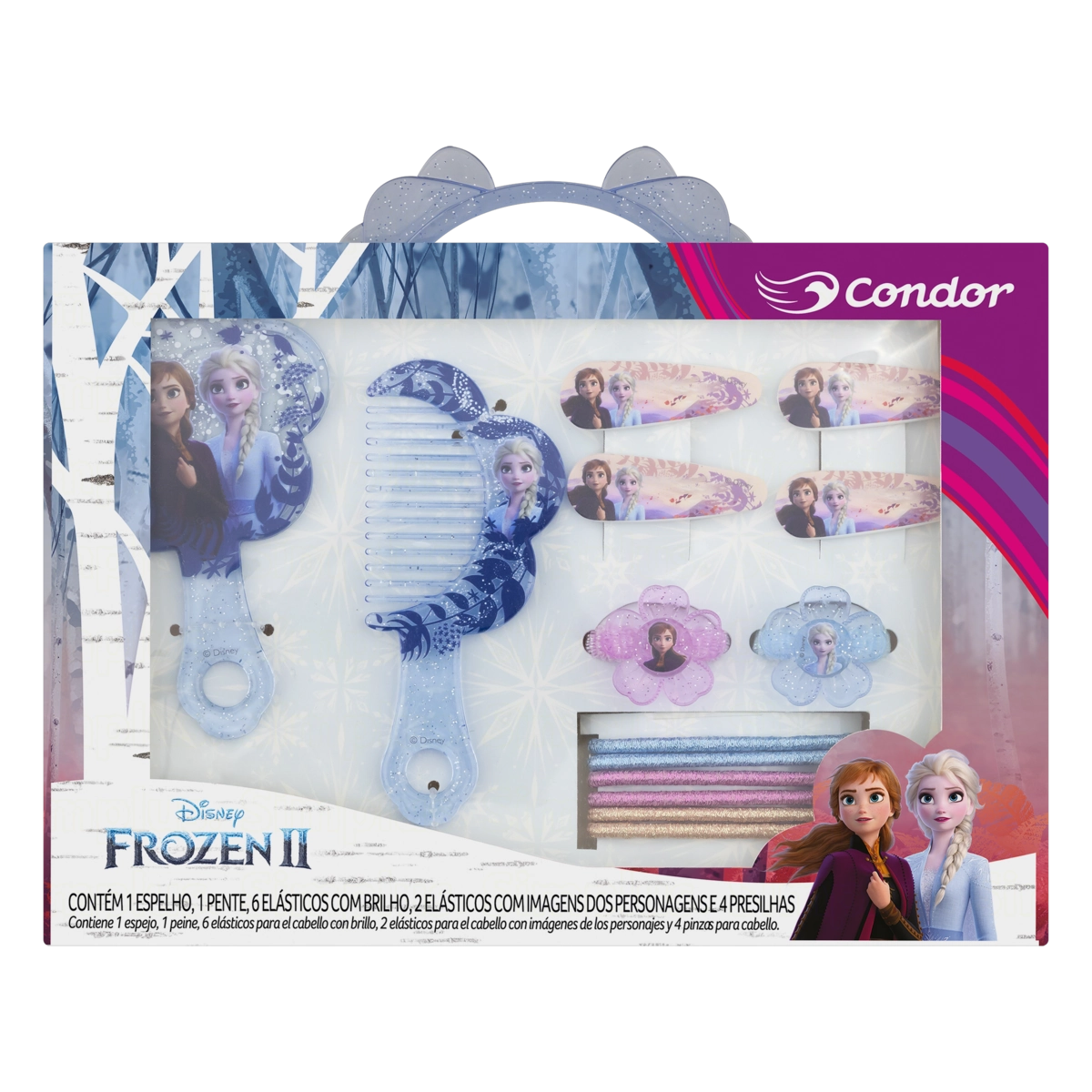 Kit Espelho + Pente + 8 Elásticos + 4 Presilhas Frozen II Condor