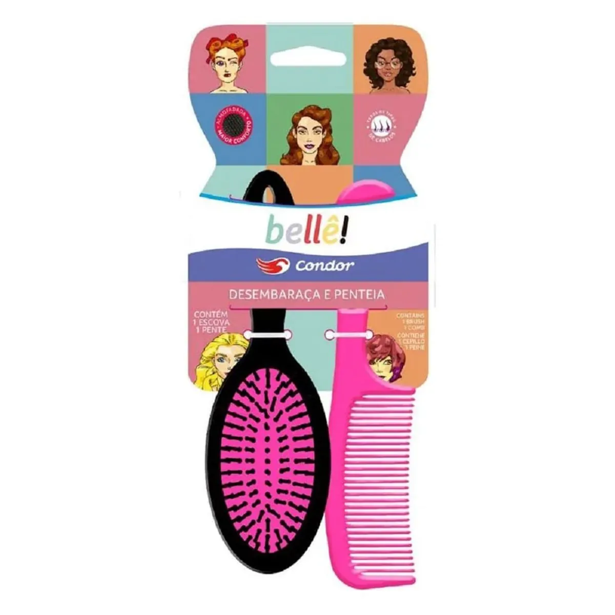Kit Escova Almofadada Oval Pente Para Cabelo Condor Bellê