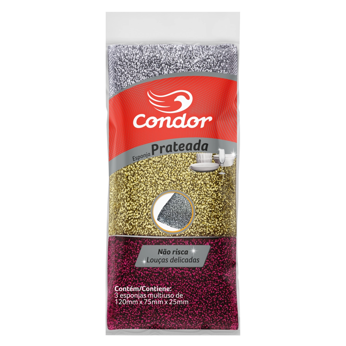 Esponja Multiuso Louças Delicadas Prateada Condor 3 Unidades