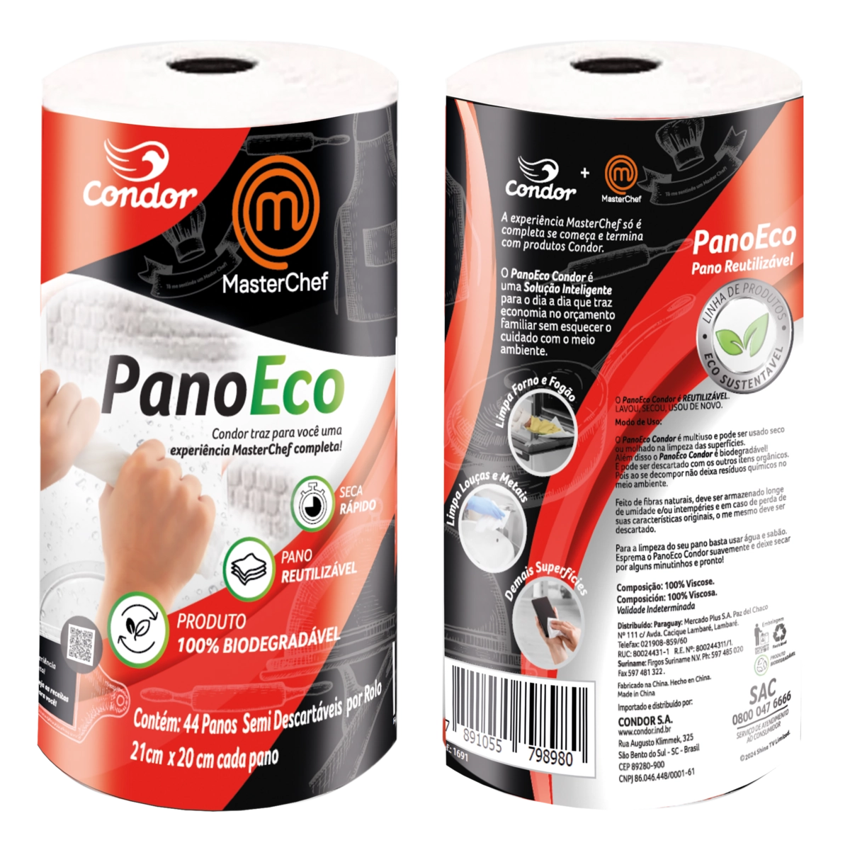Pano Multiuso Reutilizável Em Rolo Branco Masterchef Condor Eco Sustentável 44 Unidades
