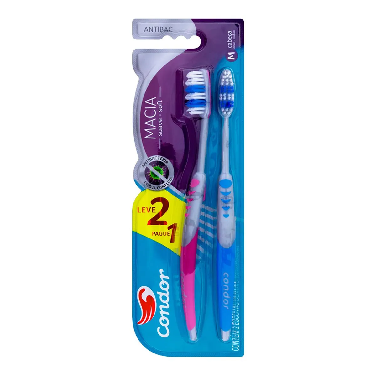 Escova Dental Macia Condor Antibac Cabeça M 2 Unidades