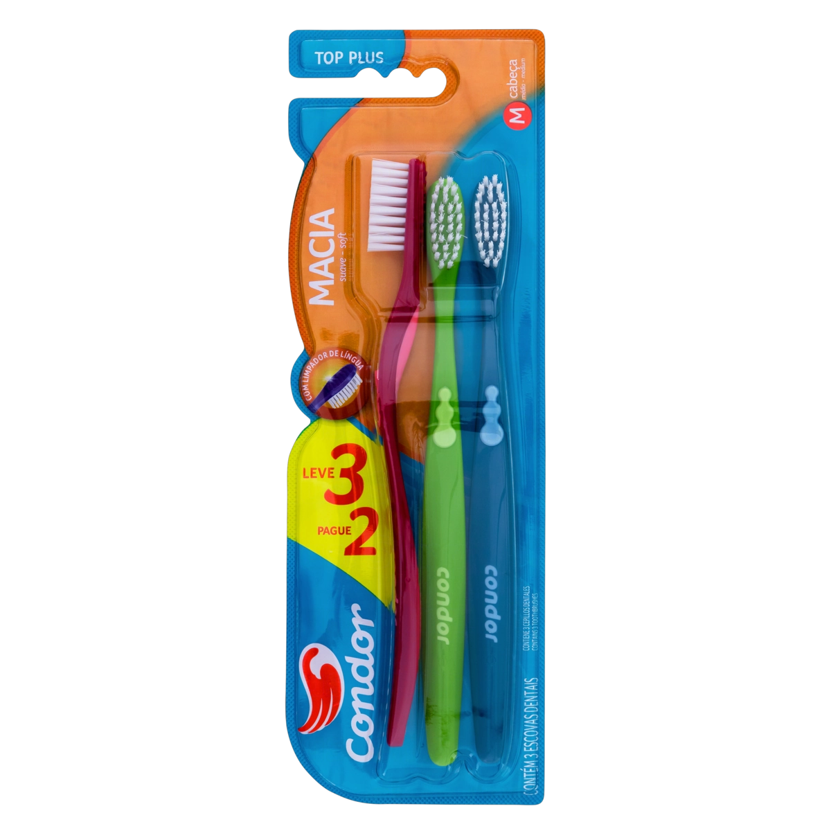 Escova Dental Macia Condor Top Plus Cabeça M Leve 3 Pague 2 Unidades