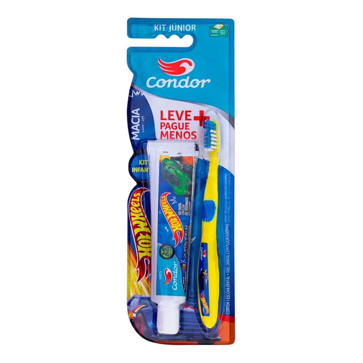 Kit Escova Dental Infantil Condor Macia e Suave Amarela com Azul Hot Wheels + Gel Dental