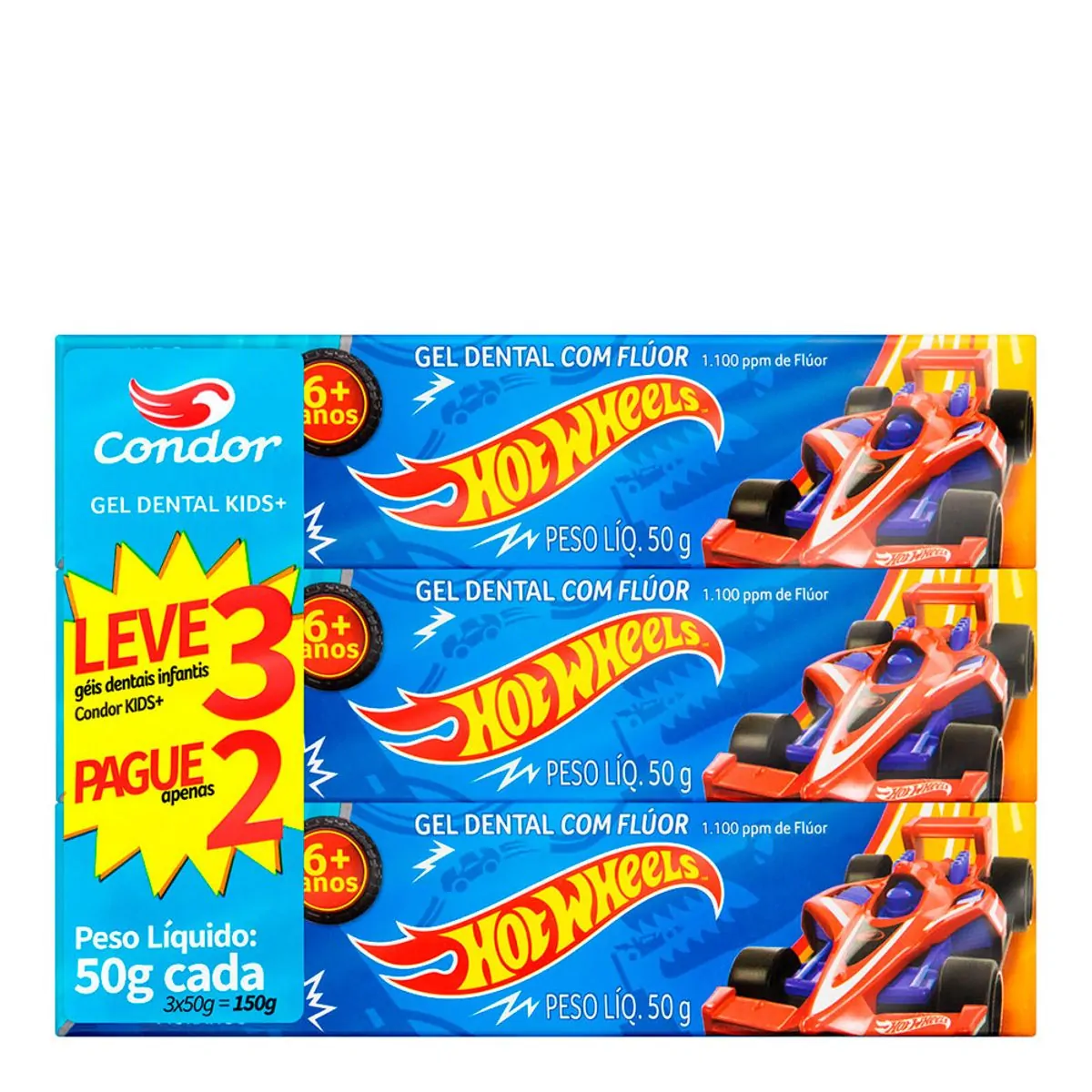 Pack Gel Dental Com Flúor Morango Hot Wheels Condor Kids Caixa 150g Leve 3 Pague 2 Unidades