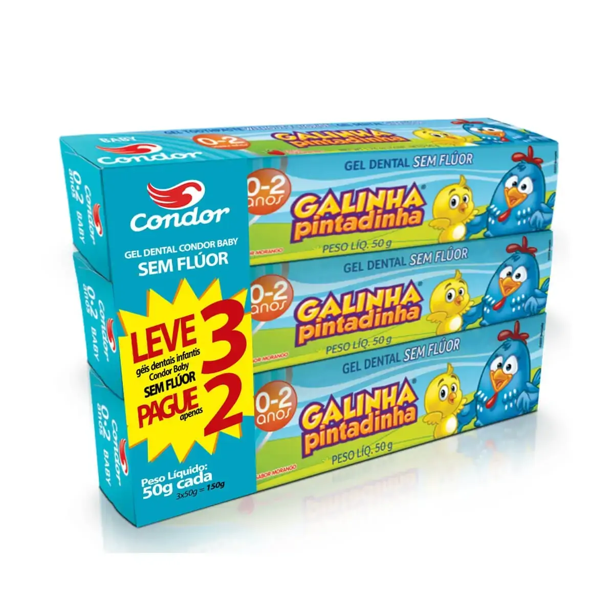 Pack Gel Dental Sem Flúor Morango Galinha Pintadinha Condor Baby Caixa 150g Leve 3 Pague 2 Unidades