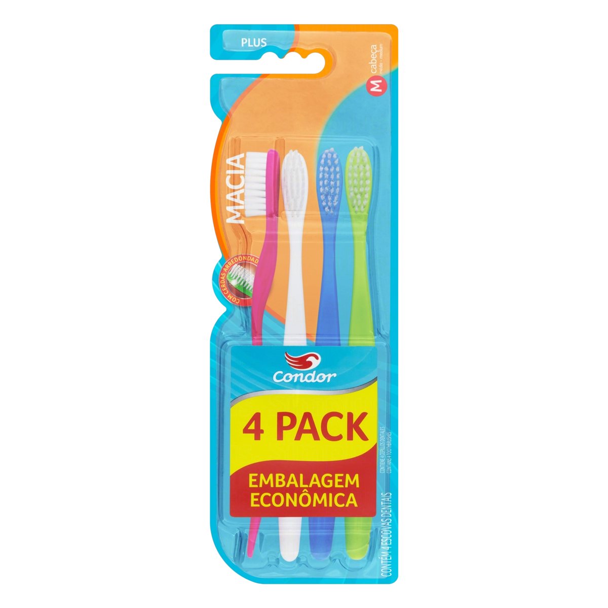 Pack Escova Dental Macia Condor Plus Cabeça M 4 Unidades Embalagem Econômica - Cores Sortidas