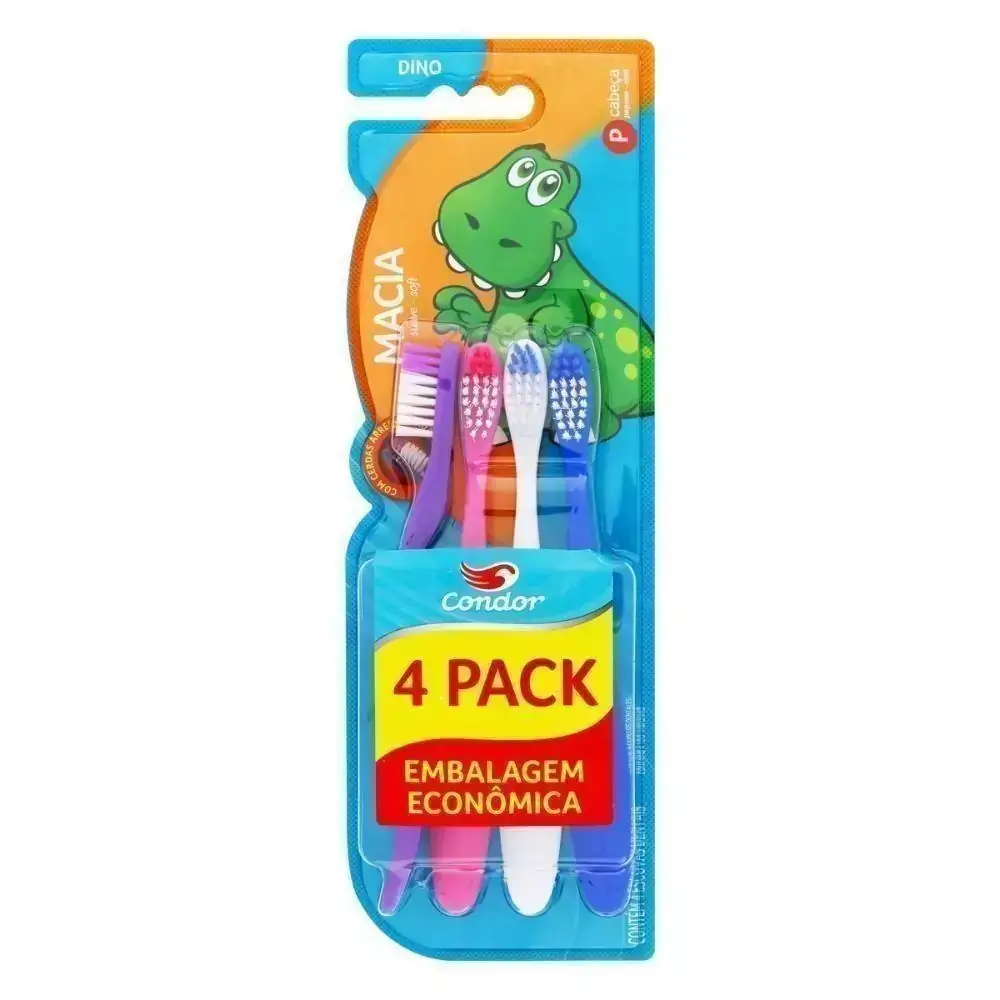 Pack Escova Dental Macia Dino Condor Cabeça P 4 Unidades Embalagem Econômica - Cores Sortidas