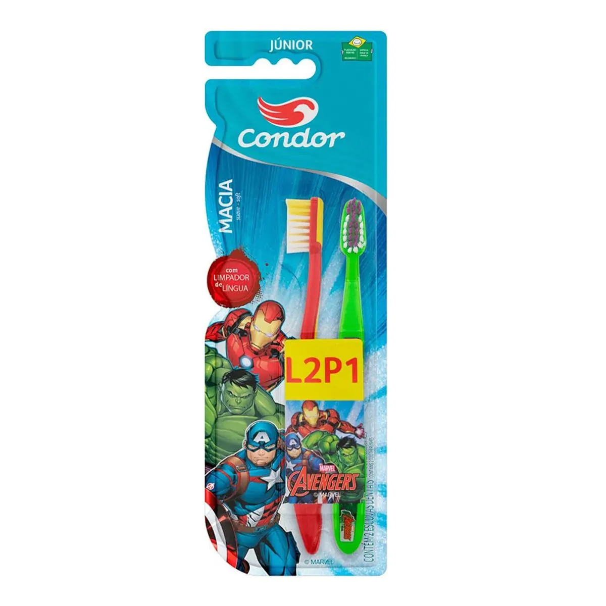 Escova Dental Macia Avengers Condor Júnior Cabeça P Leve 2 Pague 1 Unidade
