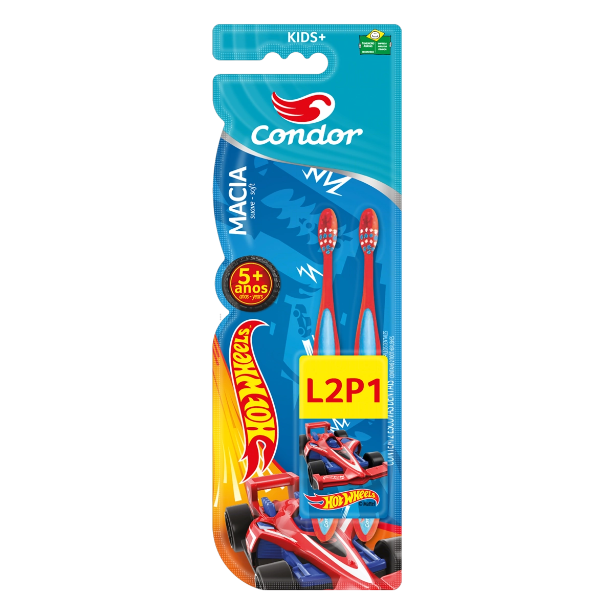 Escova Dental Macia Hot Wheels Condor Kids Cabeça P 2 Unidades