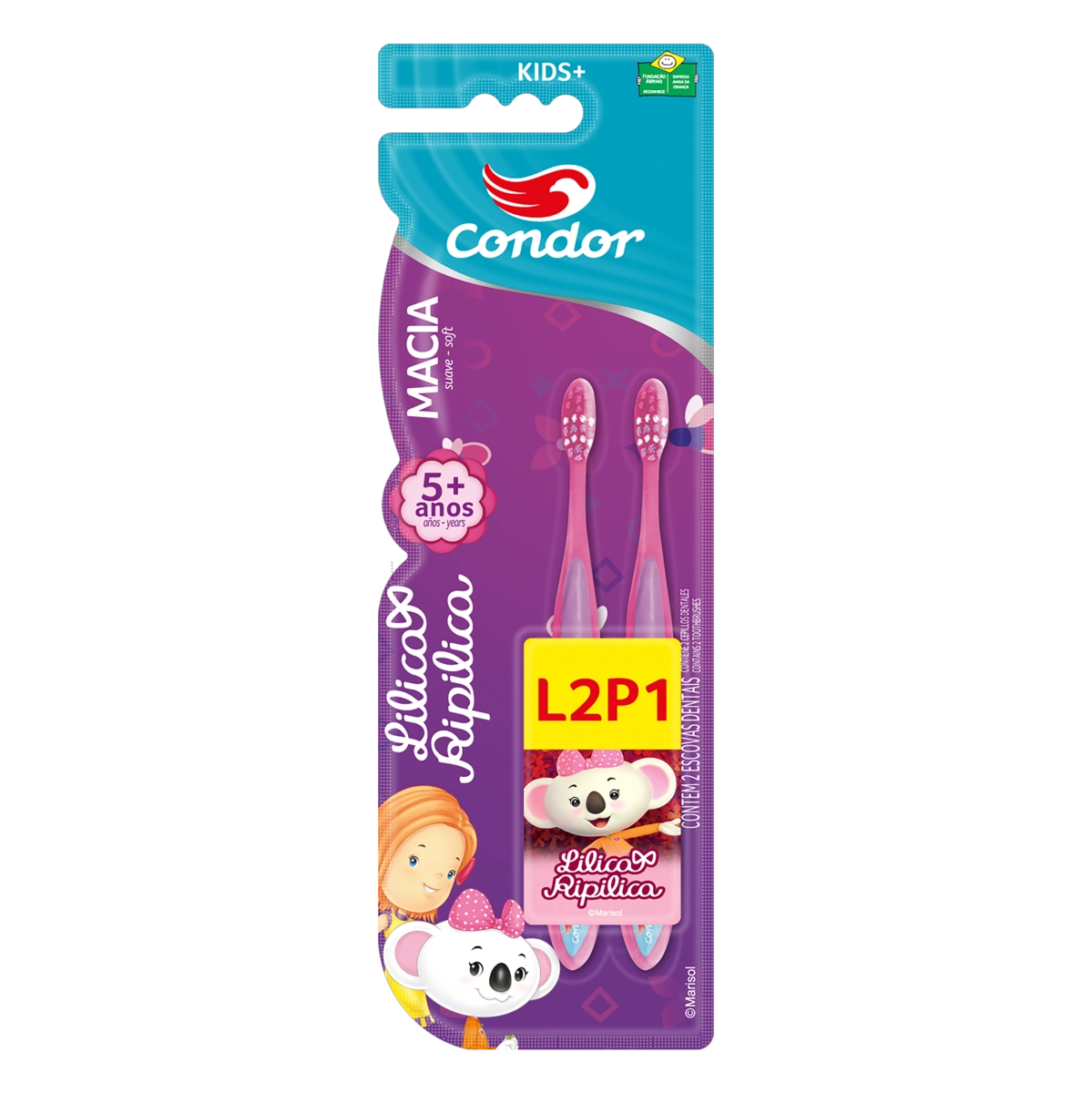 Escova Dental Macia Lilica Ripilica Condor Kids Cabeça P Leve 2 Pague 1 Unidade