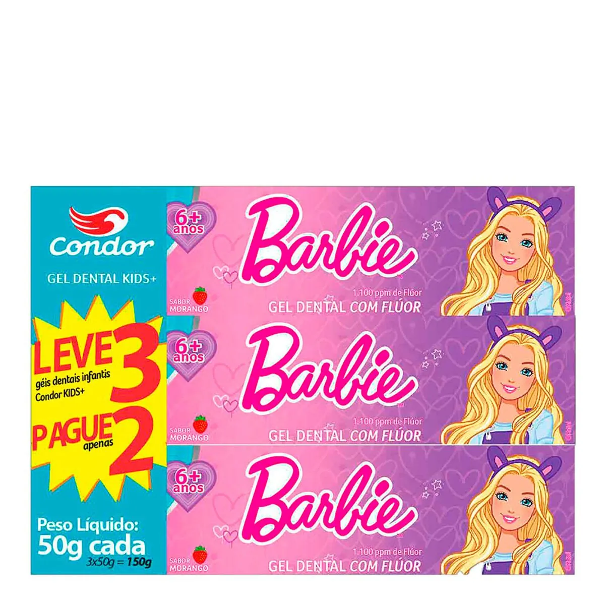 Pack Gel Dental Com Flúor Morango Barbie Condor Kids Caixa 150g Leve 3 Pague 2 Unidades