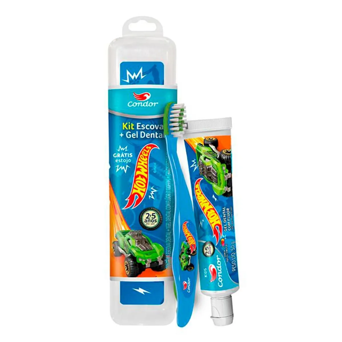 Kit Escova Gel Dental Com Flúor Tutti Frutti Hot Wheels 50g Condor Kids Grátis Estojo Protetor