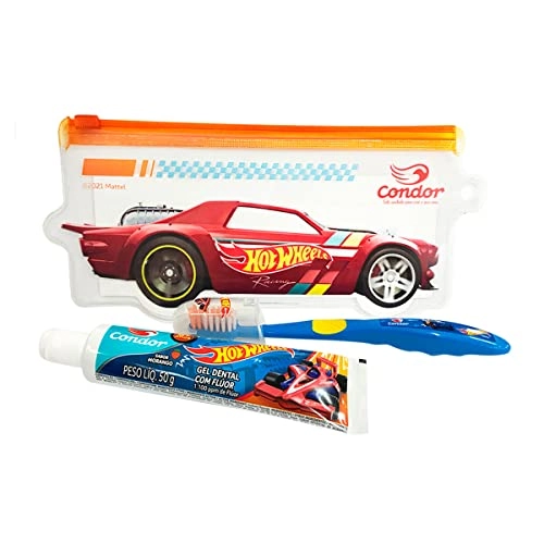 Kit Escova Macia Gel Dental Infantil Com Flúor Morango Hot Wheels Condor 50g Grátis Capa Protetora N