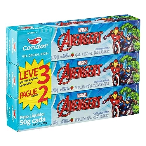 Pack Gel Dental Com Flúor Morango Avengers Condor Kids Caixa 150g Leve 3 Pague 2 Unidades