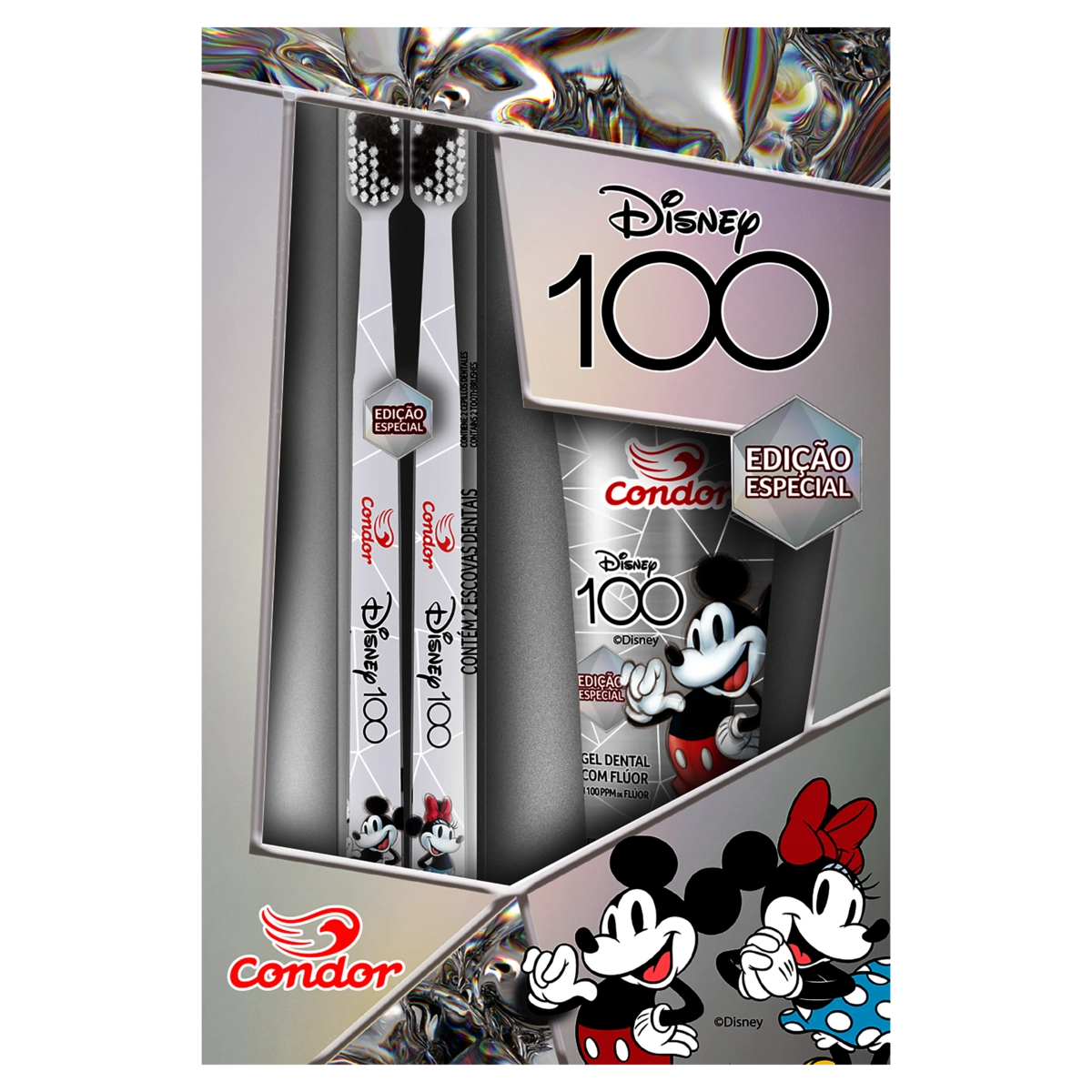 Kit 2 Escovas Ultramacias 1 Gel Dental Com Flúor Menta Suave Mickey E Minnie 100g Condor