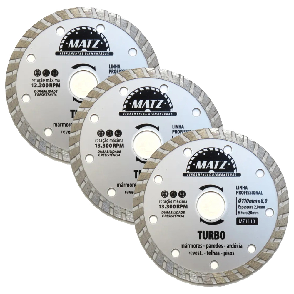 Kit 3 Disco De Corte Diamantado Turbo 8mm 110mm X 20mm Matz