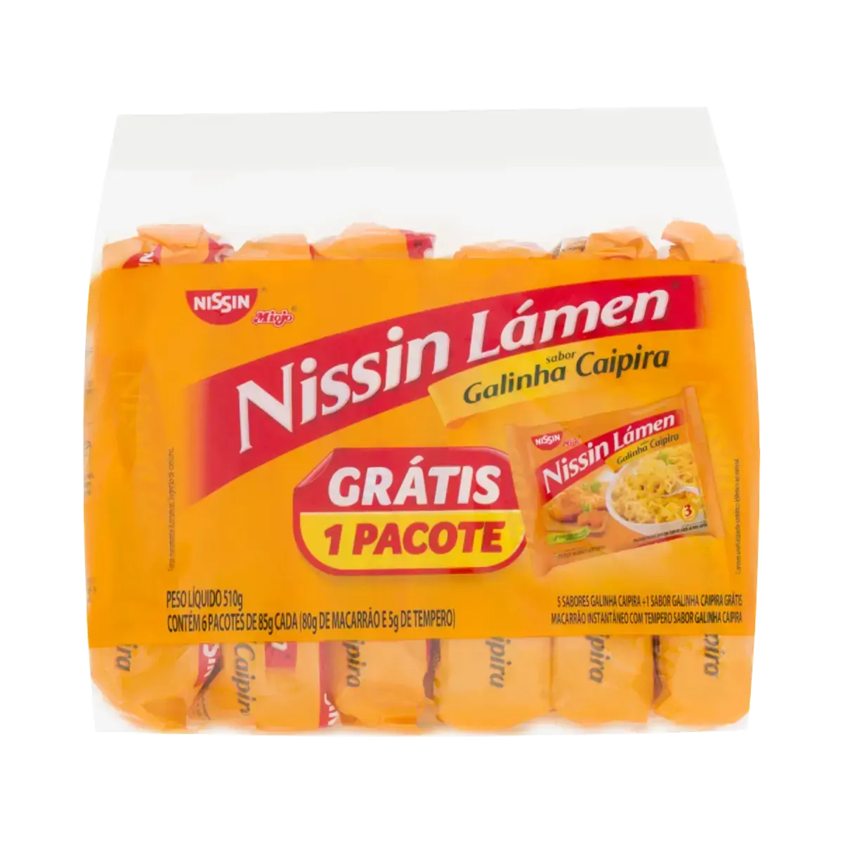 Pack De Macarrão Instantâneo NISSIN LÁMEN Sabor Galinha Caipira Pacote 510g Com 6 Unidades
