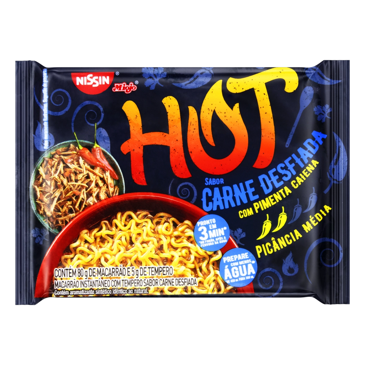 Macarrão Instantâneo Carne Desfiada Com Pimenta Caiena Nissin Miojo Hot Pacote 85g