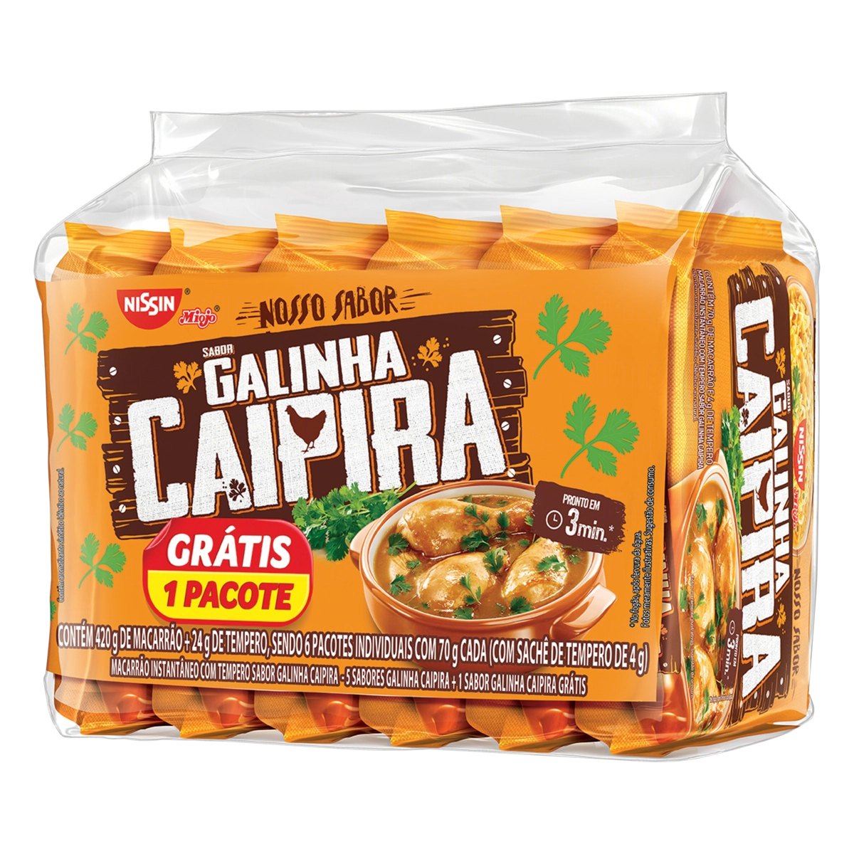 Pack Macarrão Instantâneo Lámen Galinha Caipira Nissin Miojo Nosso Sabor Pacote 444g 6 Unidades Leve
