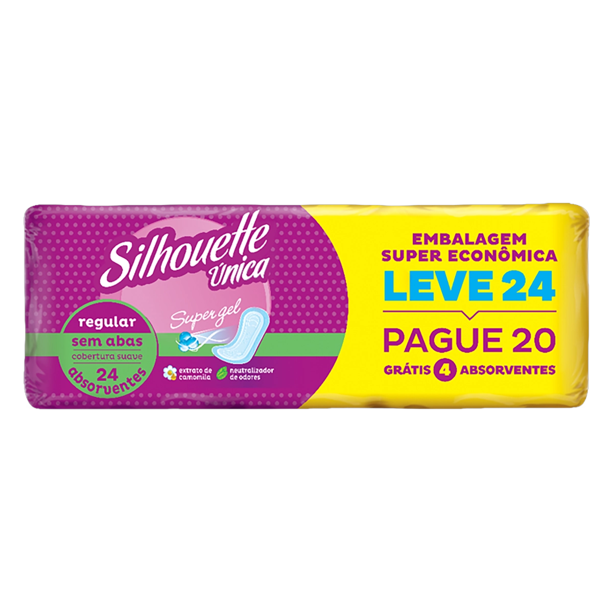 Absorvente Sem Abas Supergel Suave Silhouette única Regular Pacote Embalagem Super Econômica Leve 24