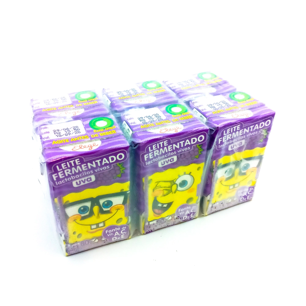 Pack Leite Fermentado Desnatado Uva Bob Esponja Elegê Caixa 480g 6 Unidades
