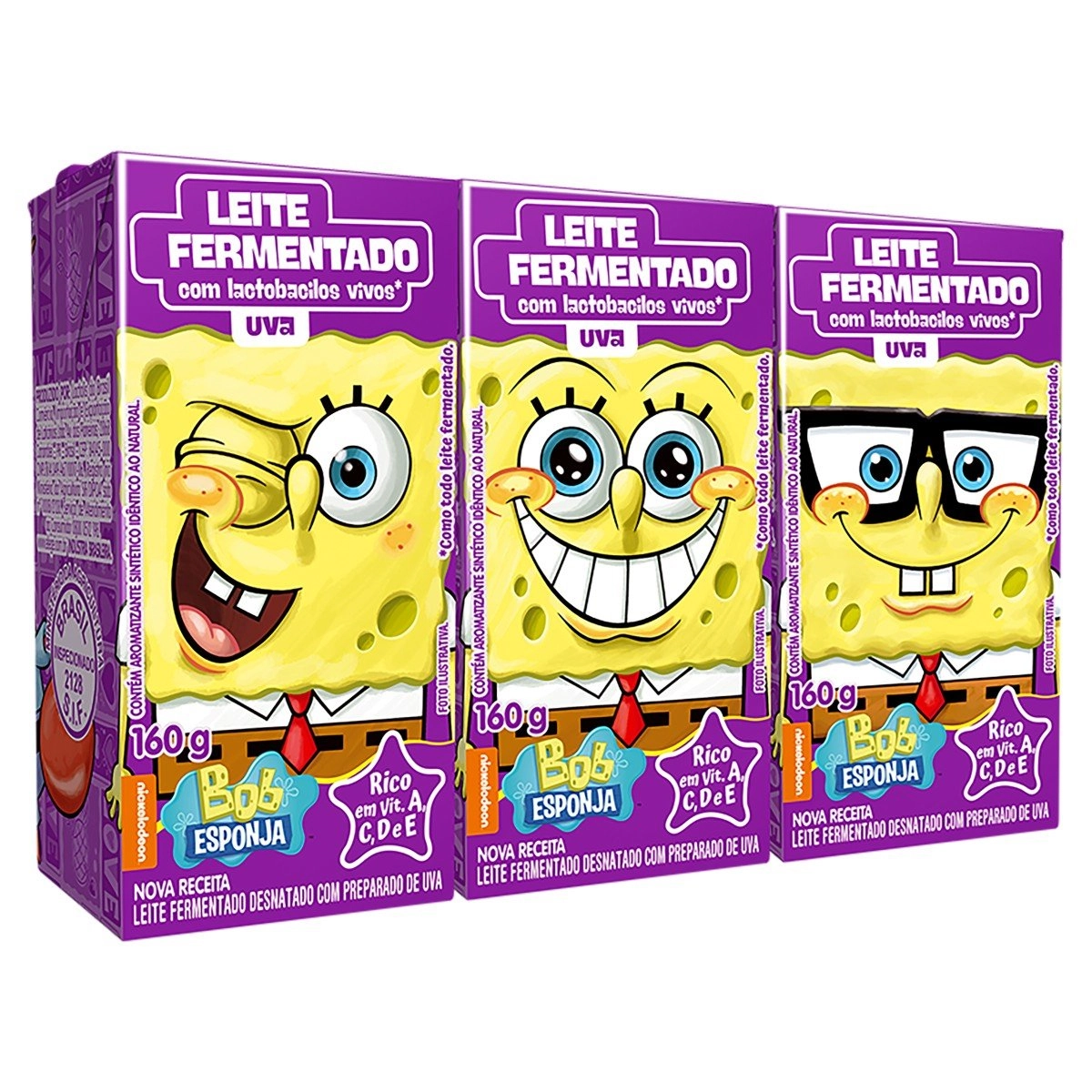 Pack Leite Fermentado Desnatado Uva Bob Esponja Batavo Caixa 3 Unidades 160g Cada