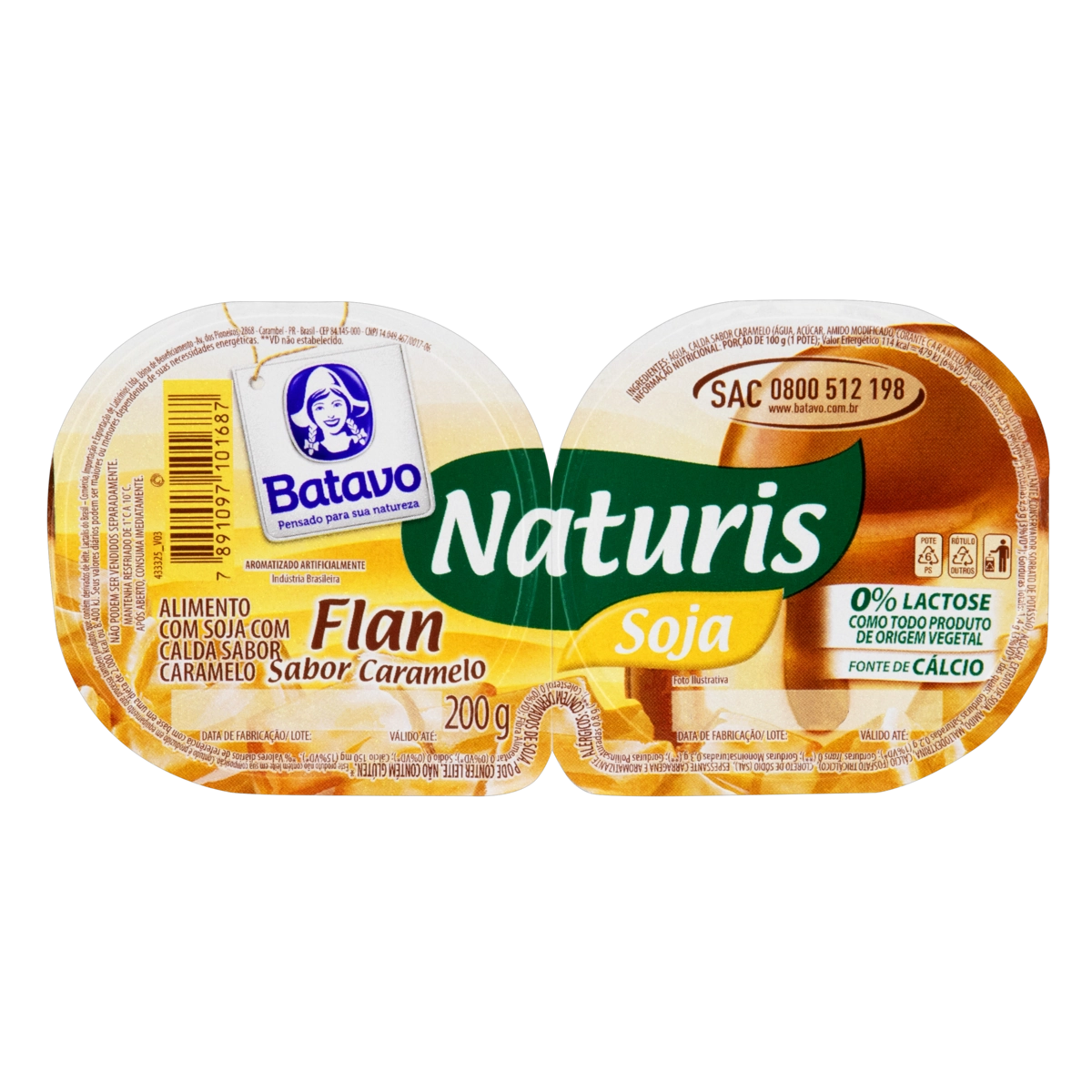 Sobremesa Com Soja Flan Calda Caramelo Zero Lactose Batavo Naturis Bandeja 200g 2 Unidades