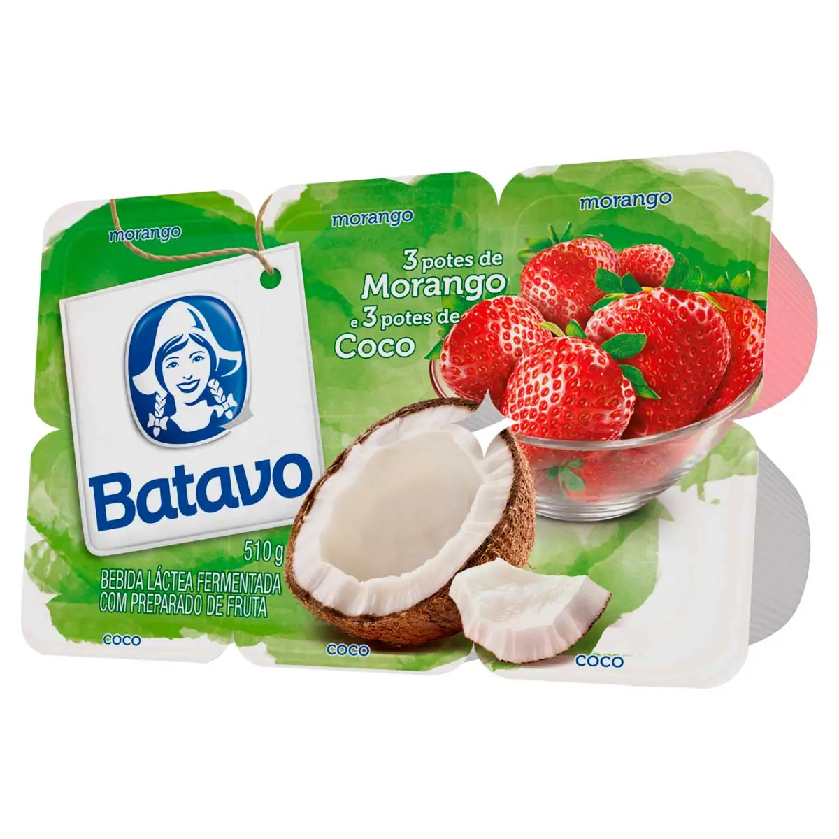 Bebida Láctea Fermentada Morango + Coco Batavo 510g 6 Unidades