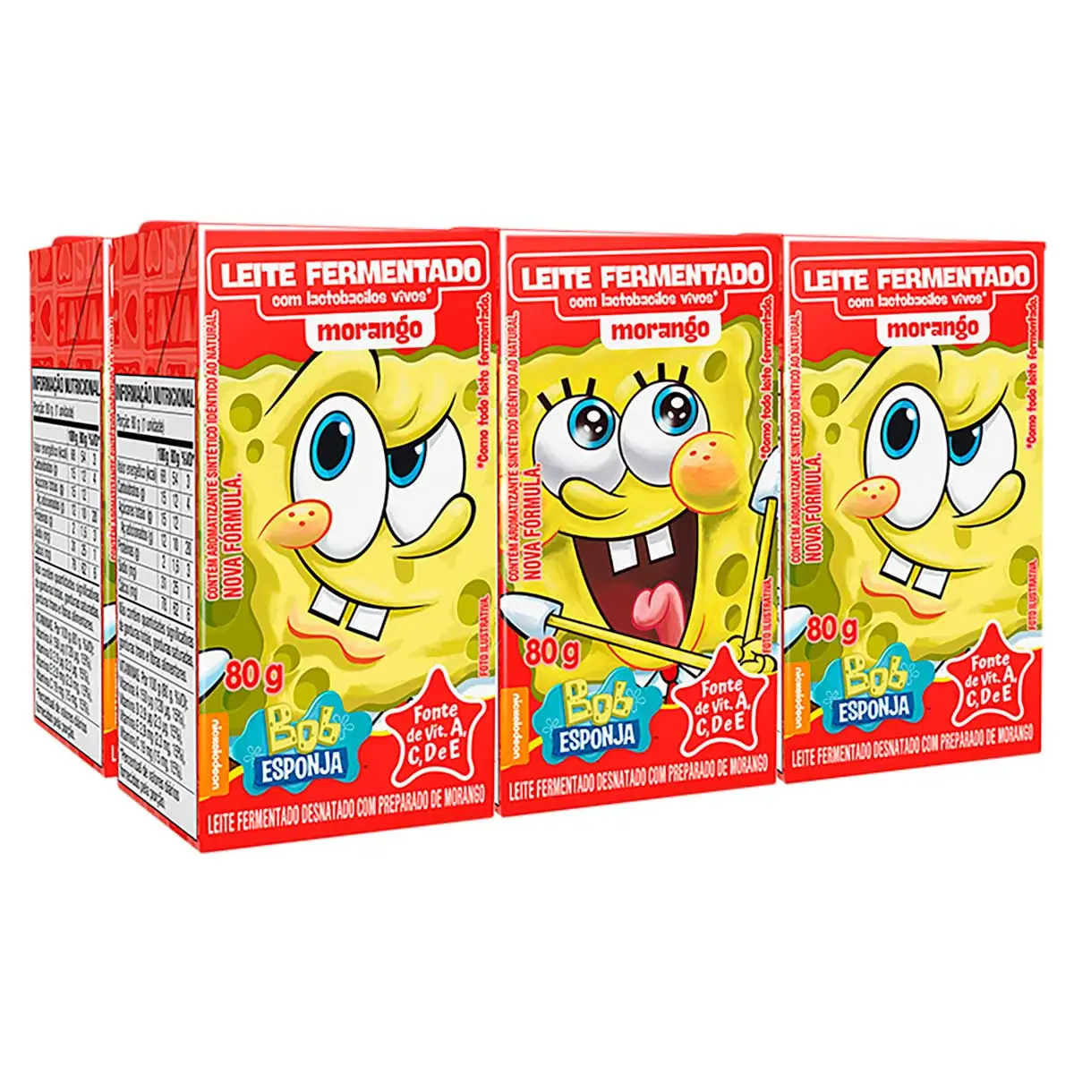 Leite Fermentado Desnatado Elegê Bob Esponja Morango 80g com 6 Unidades