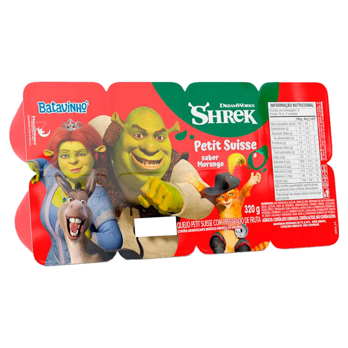 Queijo Petit Suisse Morango Shrek Batavo Batavinho Bandeja 320g 8 Unidades