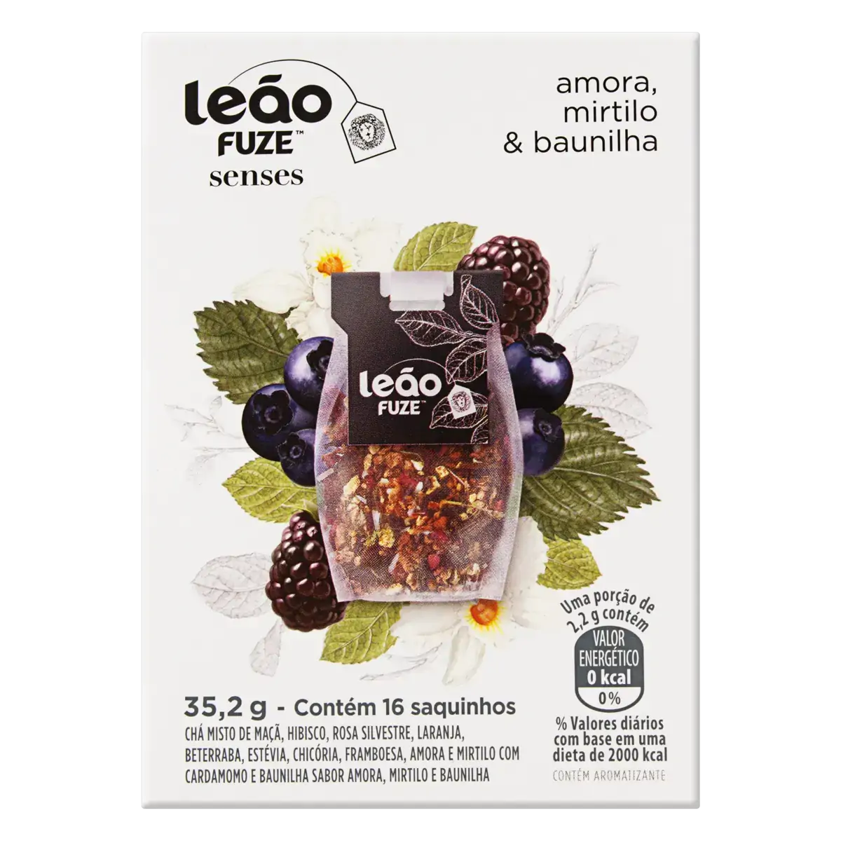 Chá Amora, Mirtilo Baunilha Leão Fuze Senses Caixa 35,2g 16 Unidades