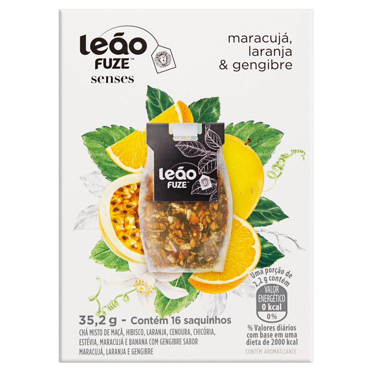 Chá Maracujá, Laranja Gengibre Leão Fuze Senses Caixa 35,2g 16 Unidades