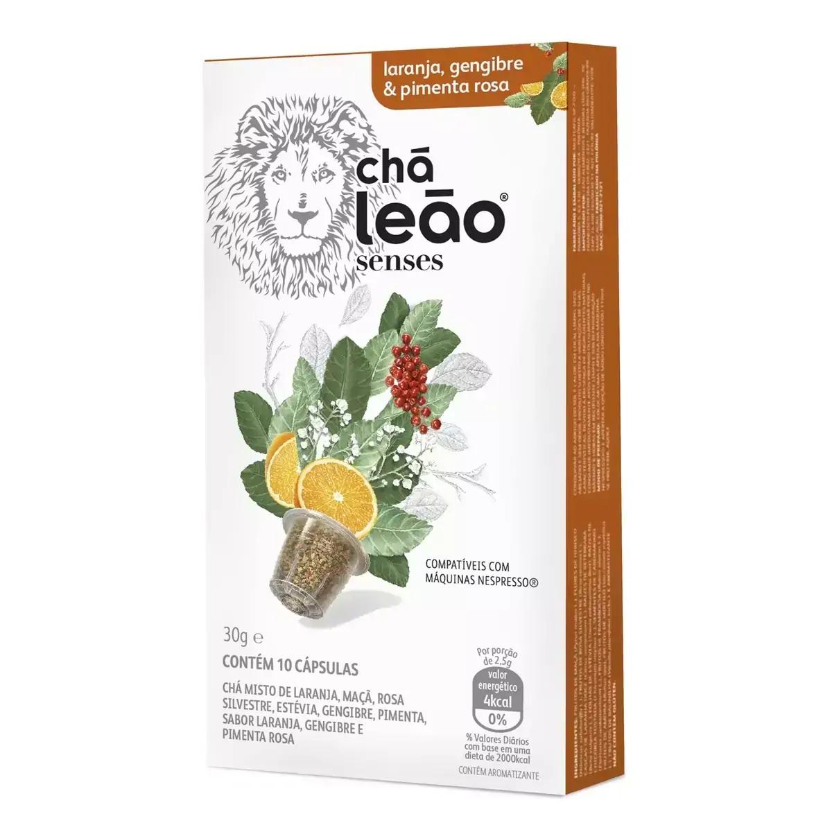 Chá Misto em Cápsula Laranja, Gengibre & Pimenta Rosa Chá Leão Senses Caixa 30g 10 Unidades