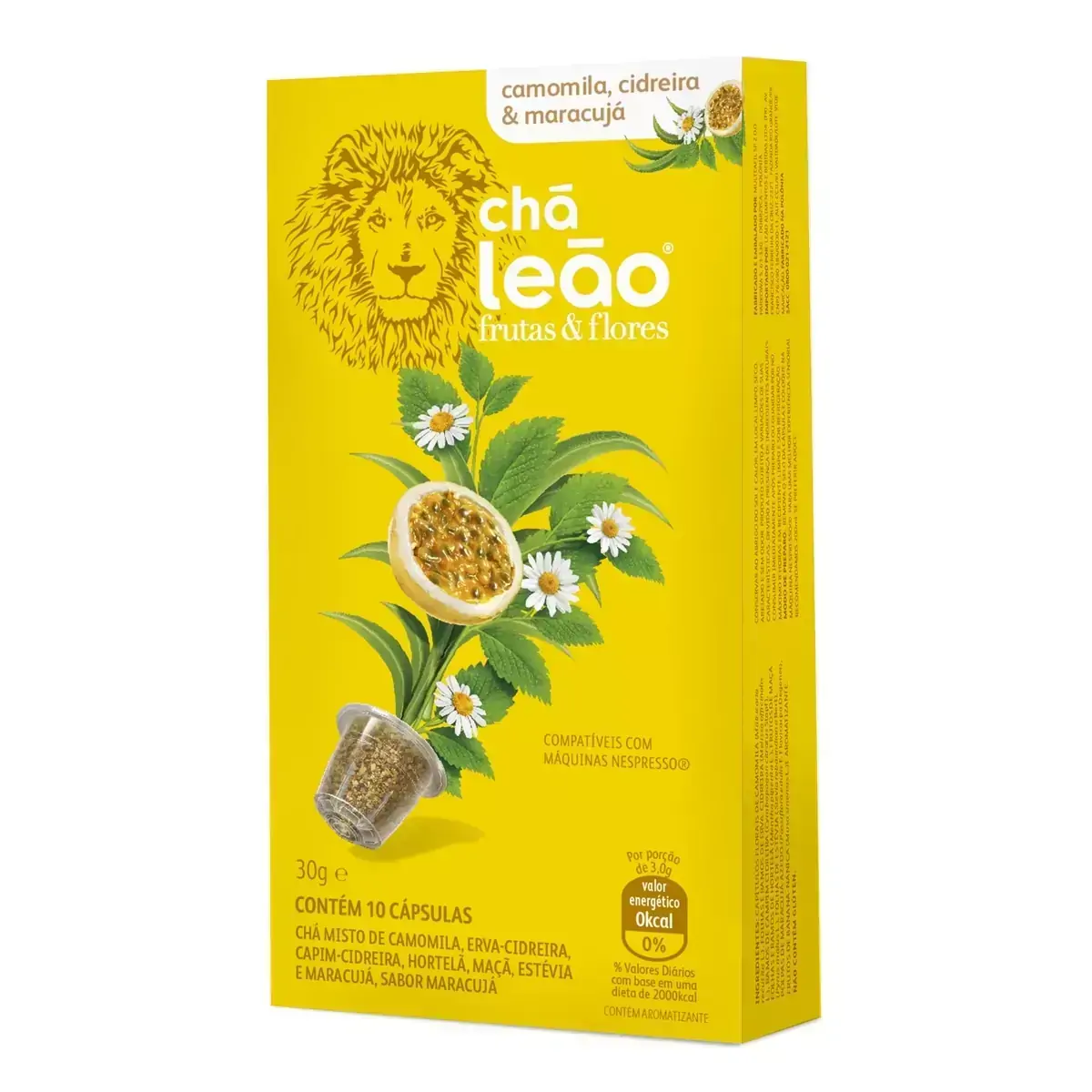 Chá Misto em Cápsula Camomila, Cidreira & Maracujá Chá Leão Frutas & Flores Caixa 20g 10 Unidades