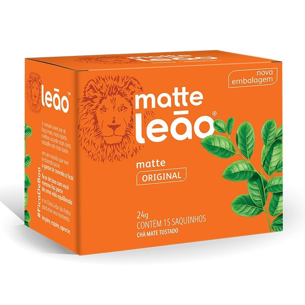 Chá Mate Tostado Original Matte Leão Caixa 24g Grátis 1 Sachê 2,5g Chá Leão Preparo em Água Gelada
