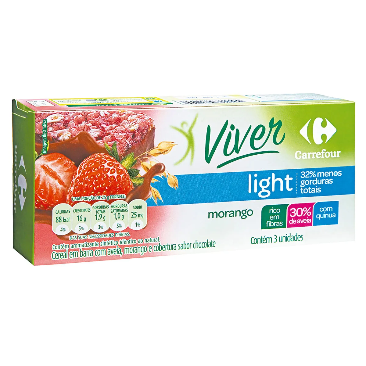 Barra de Cereal Sabor Morango com Chocolate Viver 3 Unidades