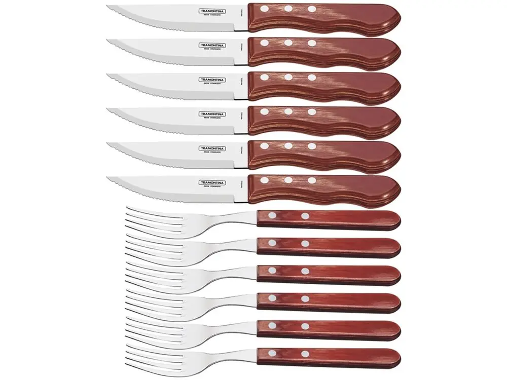 Jogo Talheres Para Churrasco Inox Cabo De Madeira Jumbo Tramontina Polywood 12 Peças