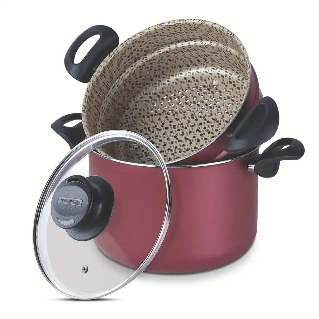 Cozi-Vapore Tramontina Paris em Alumínio com Revestimento Antiaderente Starflon Max Vermelho com Tampa de Vidro 22 cm 5,