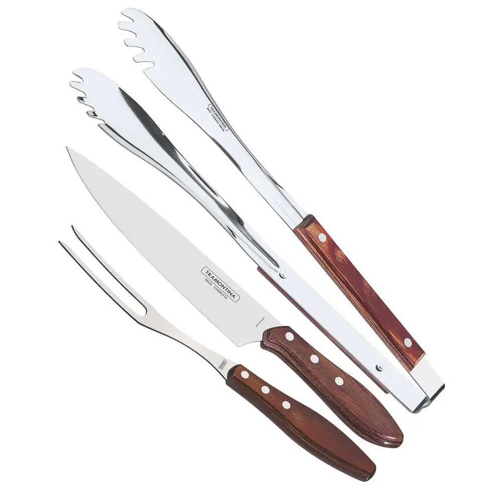 Kit Jogo Churrasco Faca Trinchante Pegador Garfo Tramontina Vermelho