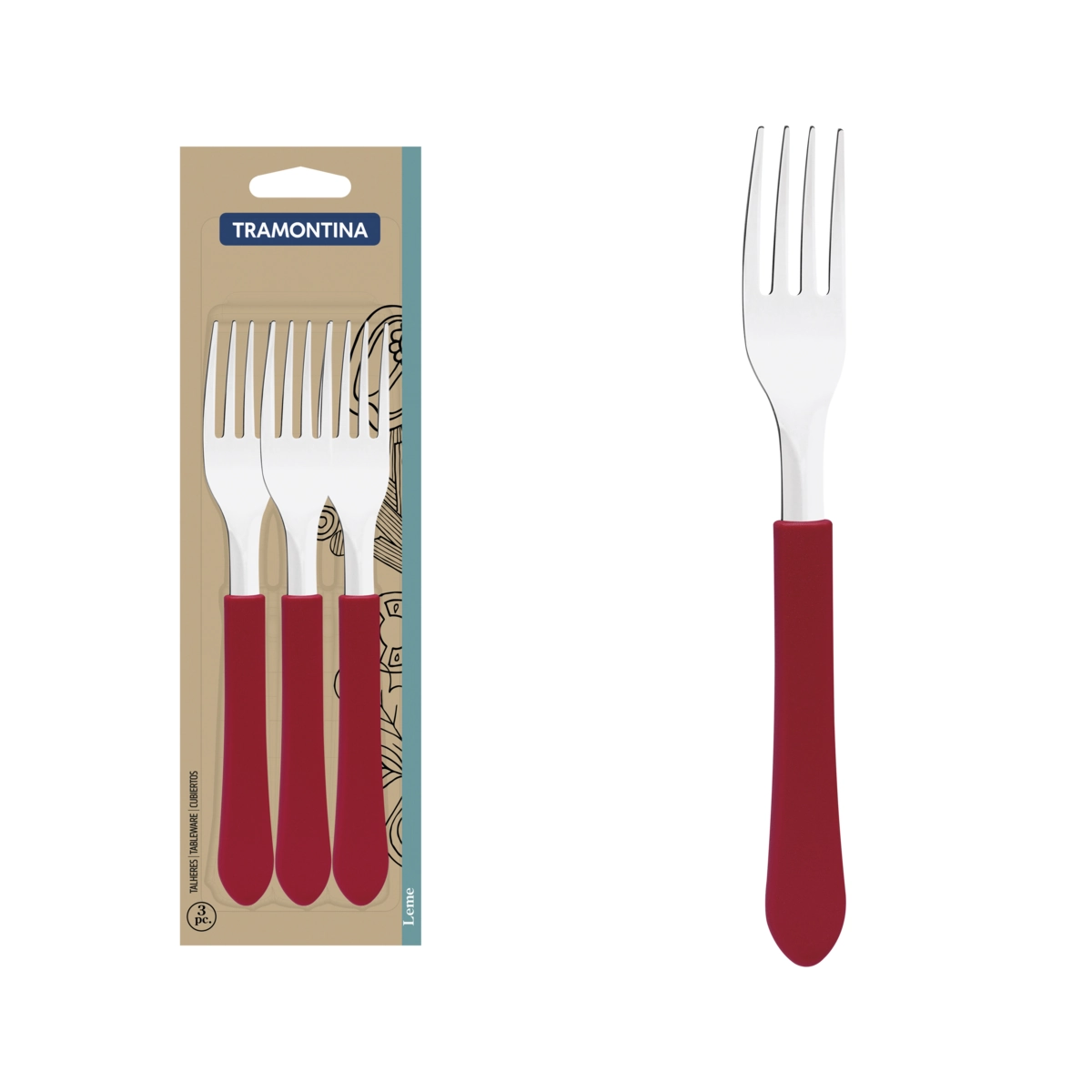 Conjunto Garfos Mesa Inox 3 Peças Leme Vermelho Tramontina