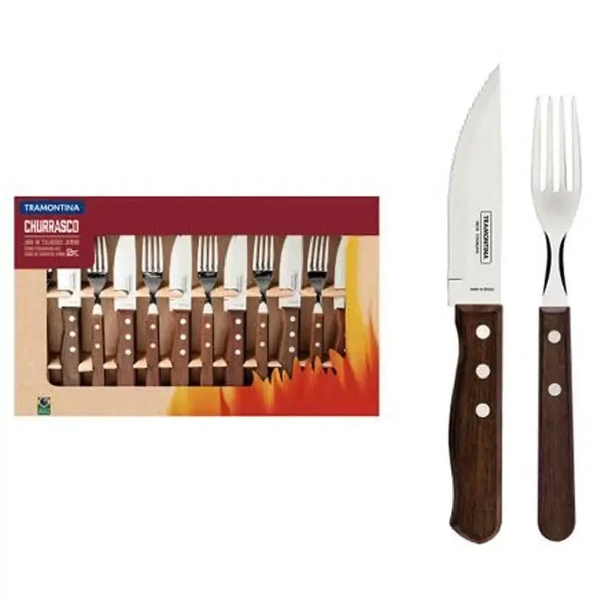 Conjunto de Talheres Para Churrasco com em AÇO INOX e Cabos de Madeira 12 Peças Tramontina 22299/059