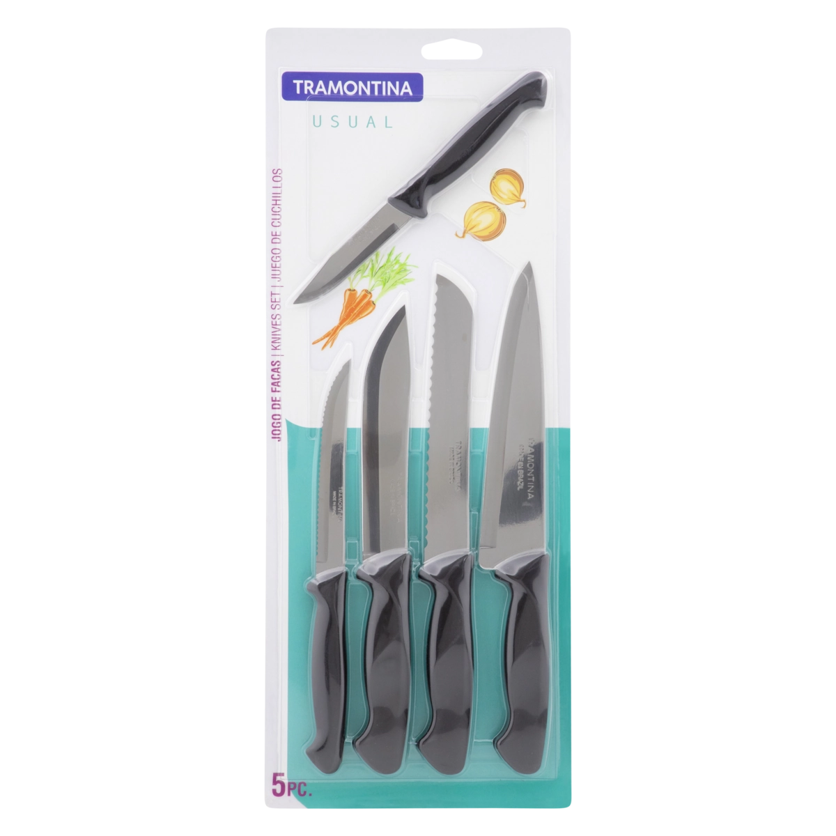 Jogo Faca Preta Inox Tramontina Usual 5 Peças