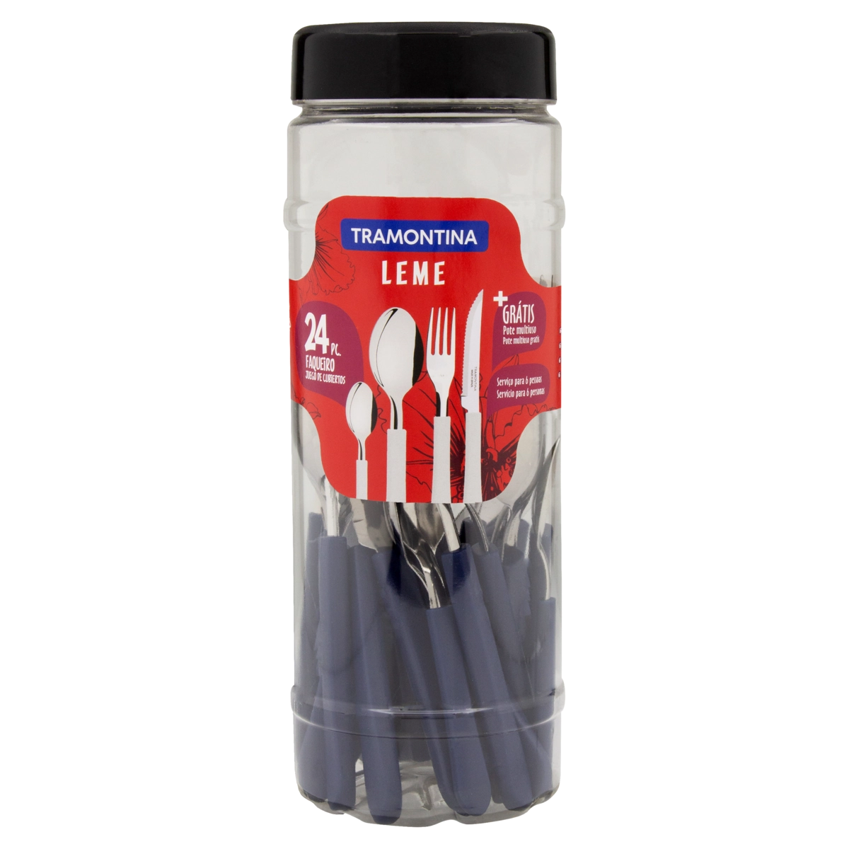 Faqueiro Inox Azul Tramontina Leme 24 Unidades Grátis Pote Multiuso