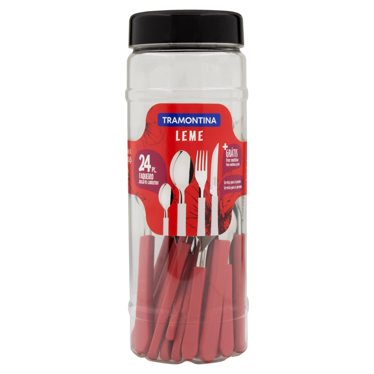 Faqueiro Inox Vermelho Tramontina Leme 24 Unidades Grátis Pote Multiuso