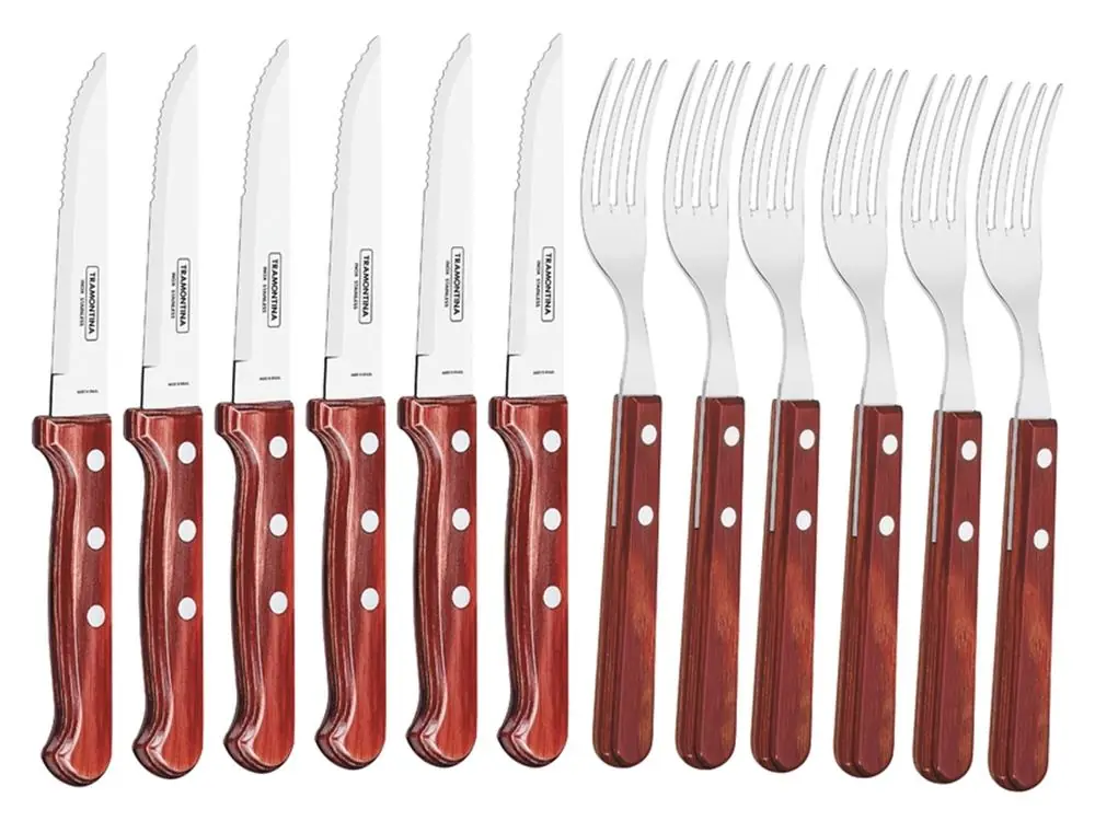 Jogo de Talheres Jumbo Tramontina Churrasco com Lâminas em Aço Inox e Cabos de Madeira Polywood Vermelho 12 Peças