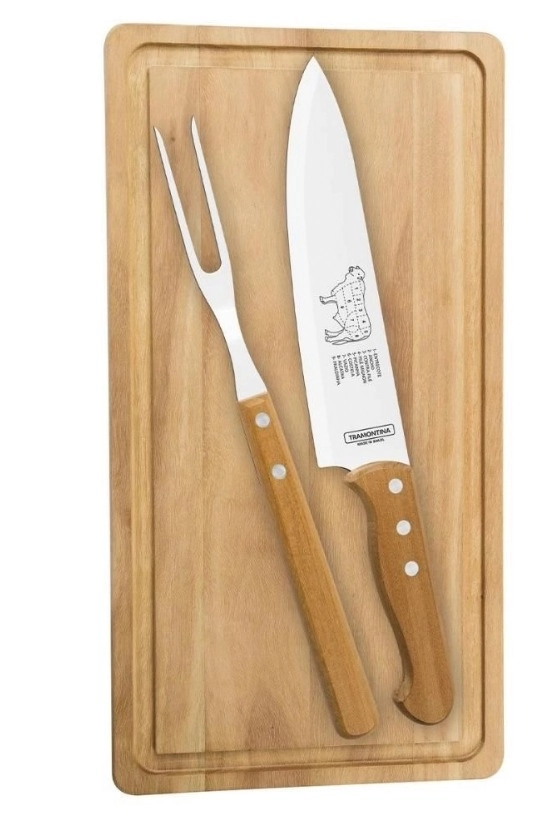 Kit para Churrasco Tramontina Tábua de Corte Garfo e Faca Aço Inox com Cabos Madeira 3 Peças